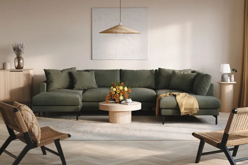 Menard 4-sits Högervänd Stor U-formad Djup Soffa med Divan och Schäslong i Manchester - Mörkgrön - Products - Möbler - Soffa - Divansoffa & schäslongsoffa - 4 sits soffa med divan