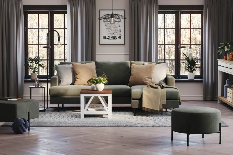 Menard Compact 3-sits Högervänd L-formad Divansoffa i Manchester - Mörkgrön - Products - Möbler - Soffa - Divansoffa & schäslongsoffa - 3 sits soffa med divan