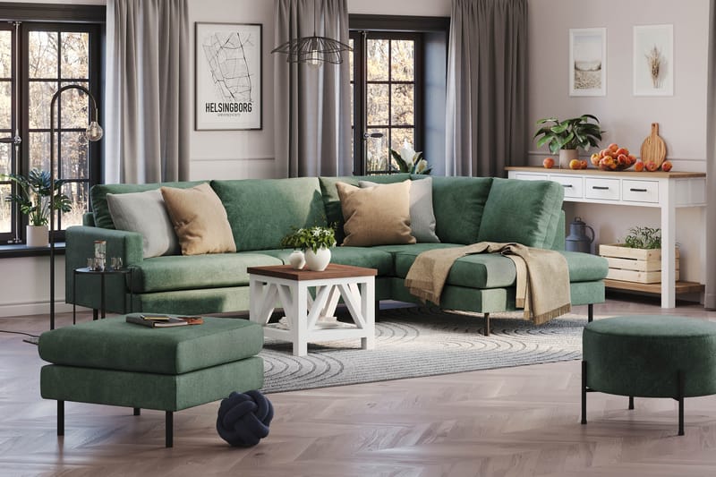 Menard Compact 4-sits Högervänd L-formad Schäslongsoffa i Sammet - Mörkgrön - Products - Möbler - Soffa - Divansoffa & schäslongsoffa - 4 sits soffa med divan