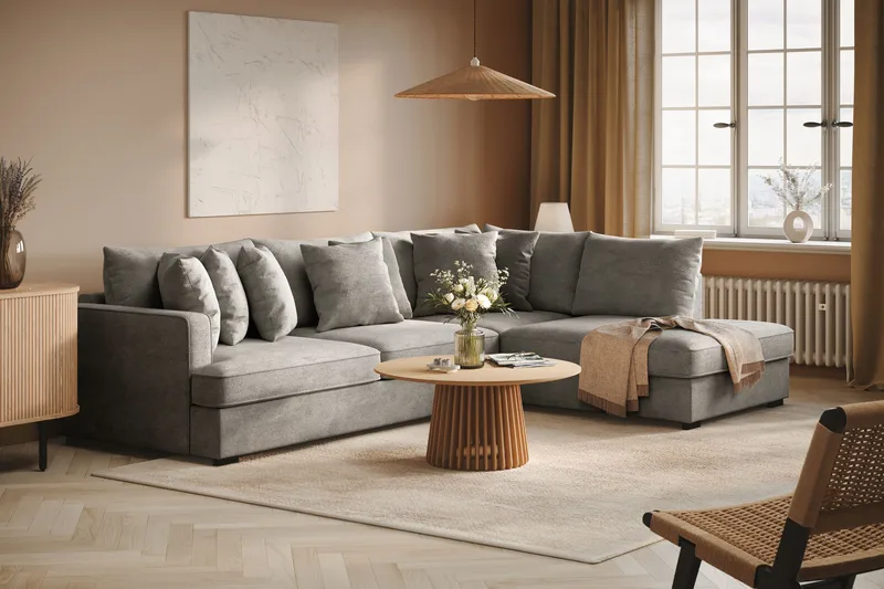 Rossita 4-sits Högervänd L-formad Djup Schäslongsoffa i Chenille - Grå - Products - Möbler - Soffa - Divansoffa & schäslongsoffa - 4 sits soffa med divan