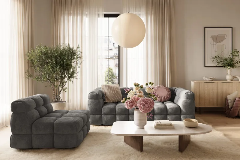 Elise Bubblig Soffgrupp 3-sits Soffa + Fåtölj - M örkgrå - Products - Möbler - Soffa - Soffgrupp