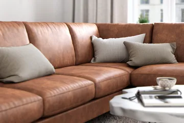 Ocean Lyx 6-sits Högervänd U-formad Soffa med Divan och Schäslong + Fotpall i Konstläder - Brun - Products - Möbler - Soffa - U-soffa