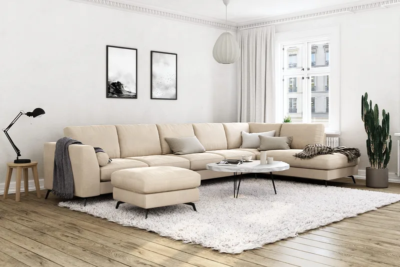 Ocean Lyx 6-sits Högervänd U-formad Soffa med Divan och Schäslong + Fotpall i Sammet - Beige - Products - Möbler - Soffa - U-soffa