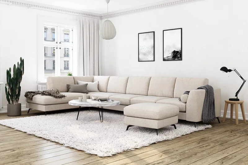 Ocean Lyx 6-sits Vänstervänd U-formad Soffa med Divan och Schäslong + Fotpall i Tyg - Beige - Products - Möbler - Soffa - Divansoffa & schäslongsoffa