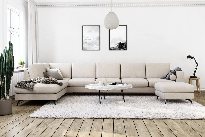 Ocean Lyx 6-sits Vänstervänd U-formad Soffa med Divan och Schäslong + Fotpall i Tyg - Beige - Products - Möbler - Soffa - Divansoffa & schäslongsoffa