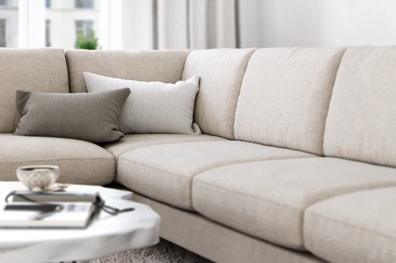 Ocean Lyx 6-sits Vänstervänd U-formad Soffa med Divan och Schäslong + Fotpall i Tyg - Beige - Products - Möbler - Soffa - Divansoffa & schäslongsoffa