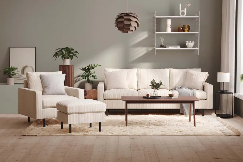 Peppe Soffgrupp 3-sits Soffa + Fåtölj + Fotpall i Manchester - Beige - Products - Möbler - Soffa - Soffgrupp