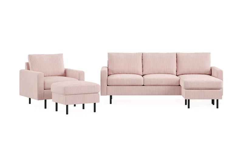 Peppe Soffgrupp 3-sits Vändbar L-formad Divansoffa + Fåtölj + Fotpall i Manchester, Rosa