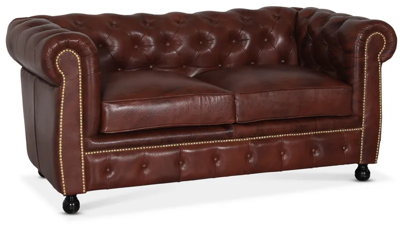 Soffa 2-sits Chesterfield i äkta läder, Brun