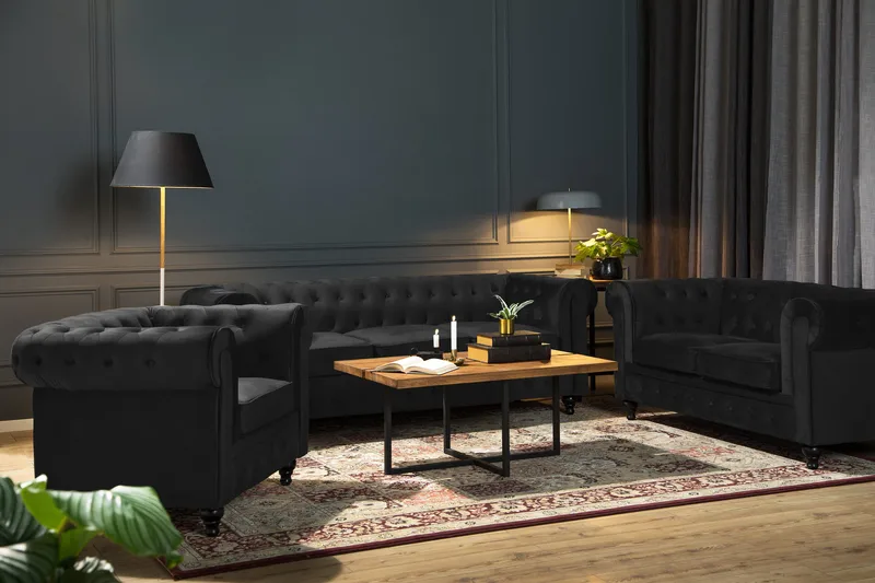 Chesterfield Lyx Modern Soffgrupp 3+2+1 i Sammet - Svart - Products - Möbler - Soffa - Soffgrupp - Chesterfield soffgrupp
