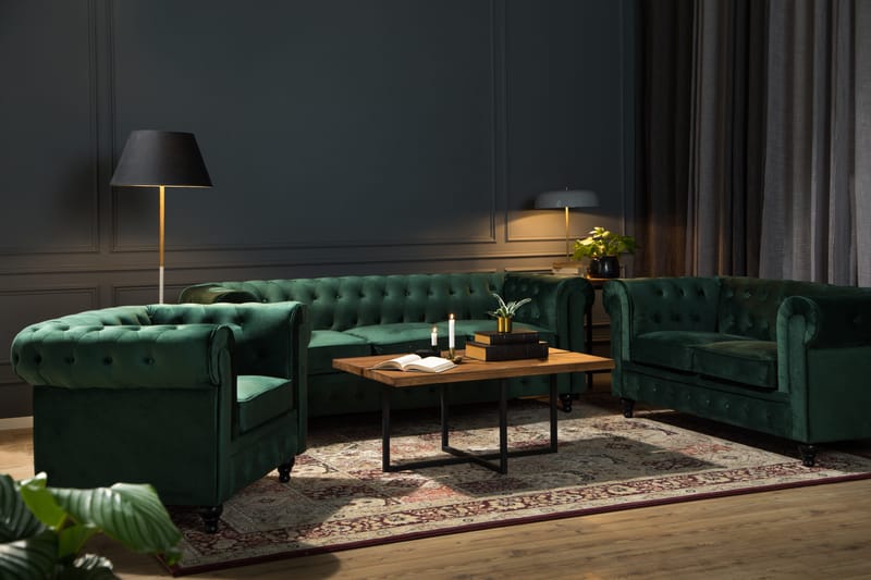 Chesterfield Lyx Soffgrupp 2-sits+Fåtölj Sammet - Mörkgrön - Products - Möbler - Soffa - Soffgrupp - Chesterfield soffgrupp