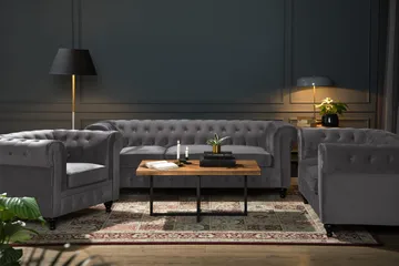 Chesterfield Lyx Soffgrupp 3+2+1 i Sammet - Grå - Products - Möbler - Soffa - Soffgrupp - Chesterfield soffgrupp