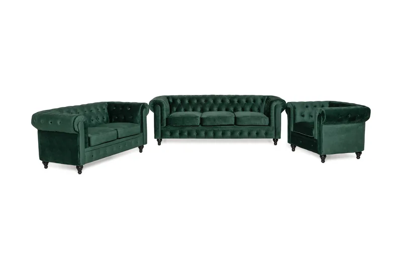 Chesterfield Lyx Soffgrupp 3+2+1 i Sammet, Mörkgrön / Grön