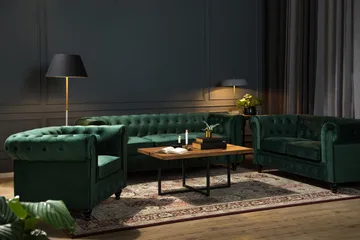 Chesterfield Lyx Soffgrupp 3+2+1 i Sammet - Mörkgrön / Grön - Products - Möbler - Soffa - Soffgrupp - Chesterfield soffgrupp