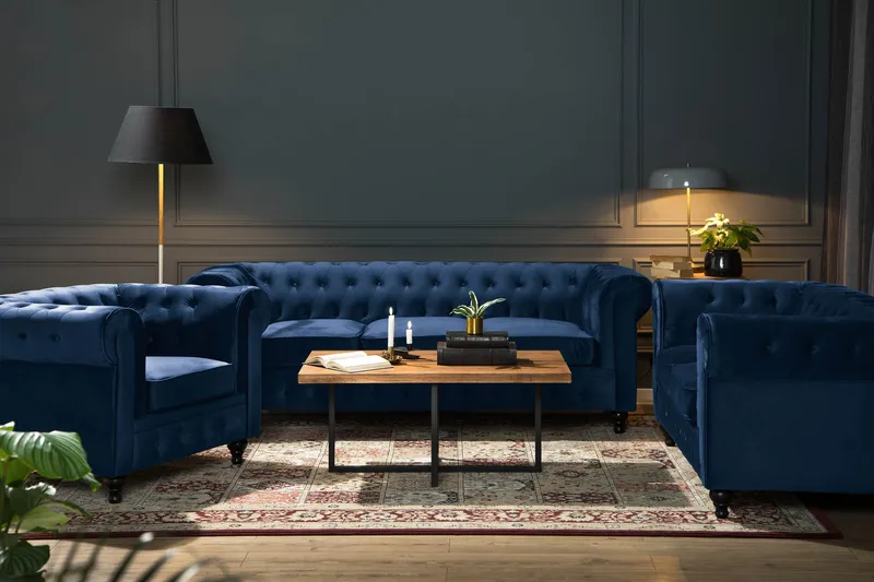 Chesterfield Lyx Soffgrupp 3+2+1 i Sammet - Mörklblå / Blå - Products - Möbler - Soffa - Soffgrupp - Chesterfield soffgrupp