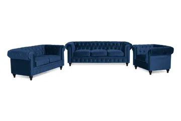 Chesterfield Lyx Soffgrupp 3+2+1 i Sammet - Mörklblå / Blå - Products - Möbler - Soffa - Soffgrupp - Chesterfield soffgrupp