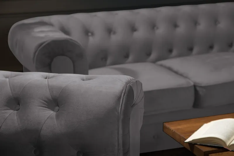 Chesterfield Lyx Soffgrupp 3+2 i Sammet - Mörkgrå / Grå - Products - Möbler - Soffa - Soffgrupp - Chesterfield soffgrupp