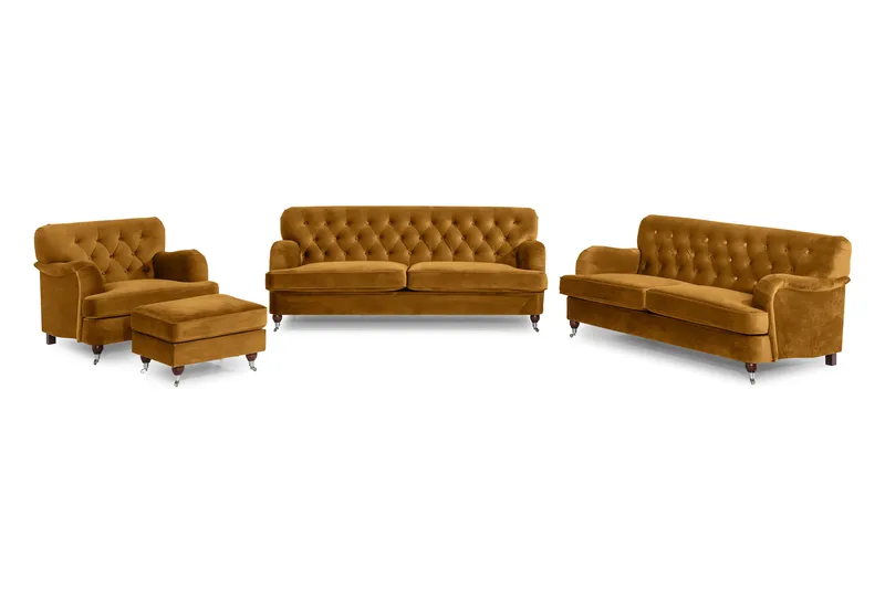 Howard Riviera Soffgrupp 3-sits + 2-sits Soffa + Fåtölj + Fotpall i Sammet, Mörkgul