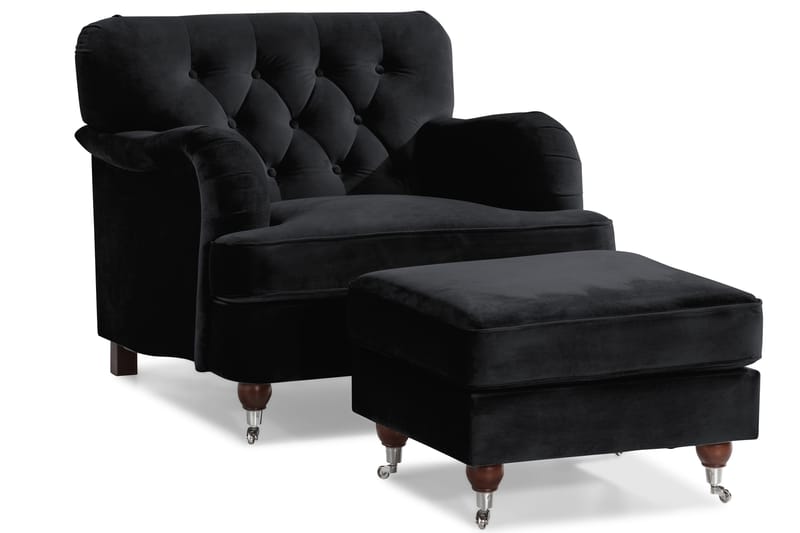 Howard Riviera Soffgrupp Svängd 3-sits + 2-sits Soffa + Fåtölj + Fotpall i Sammet - Svart - Products - Möbler - Soffa - Soffgrupp - Howard soffgrupp