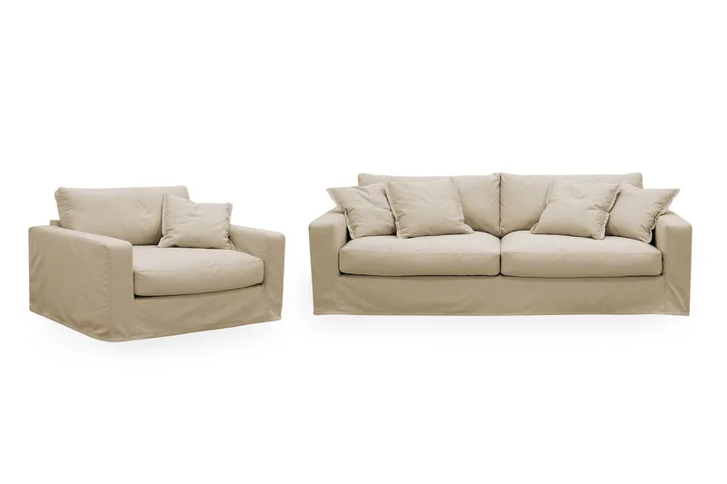 Valencia Extra Djup 3-sits soffa + fåtölj med avtagbar och tvättbar klädsel, Beige