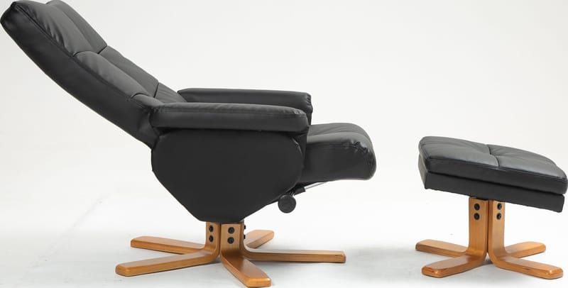 Duva reclinerfåtölj med fotpall i svart PU med bruna ben - Svart - Products - Möbler - Fåtölj & stolar - Fåtölj - Biofåtölj & reclinerfåtölj