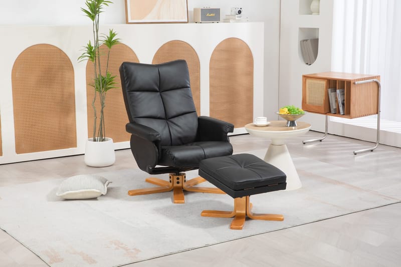 Duva reclinerfåtölj med fotpall i svart PU med bruna ben - Svart - Products - Möbler - Fåtölj & stolar - Fåtölj - Biofåtölj & reclinerfåtölj