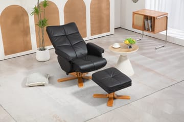 Duva reclinerfåtölj med fotpall i svart PU med bruna ben - Svart - Products - Möbler - Fåtölj & stolar - Fåtölj - Biofåtölj & reclinerfåtölj