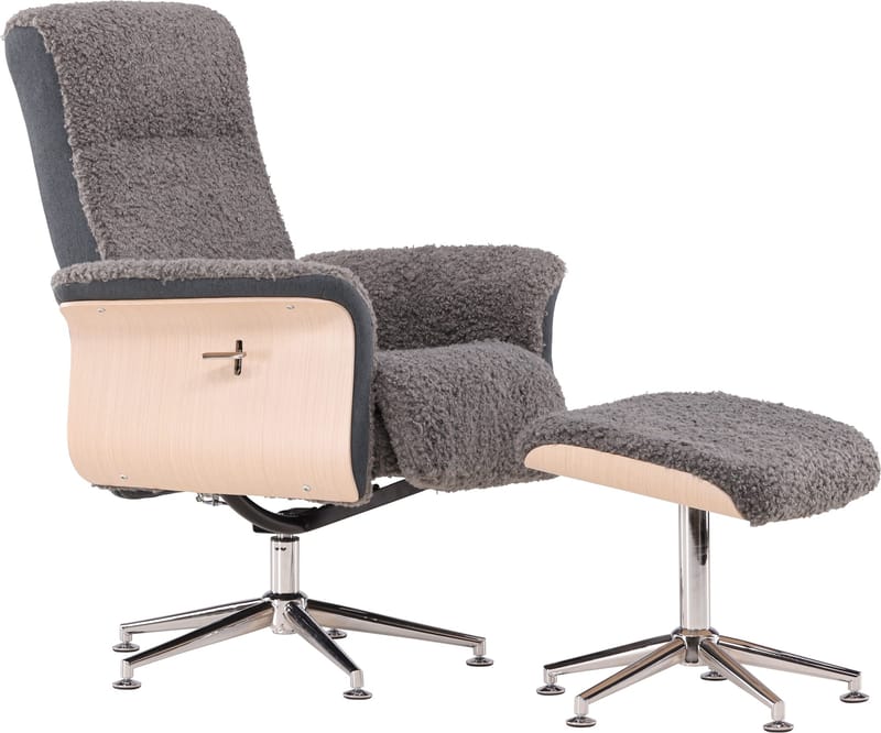 Reclinerfåtölj med fotpall - Grå fårskinnsimitation/whitewash ek - Grå - Products - Möbler - Fåtölj & stolar - Fåtölj - Biofåtölj & reclinerfåtölj