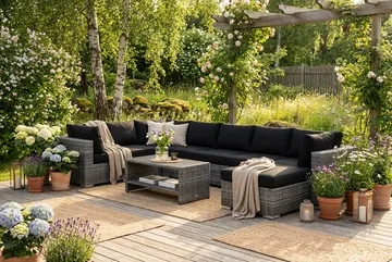 Bahamas U-formad utomhus loungegrupp 7-sits med vändbar divan och bord med hylla - Grå - Products - Utemöbler & utemiljö - Loungemöbler - Loungeset & loungegrupp