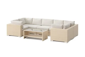 Bahamas U-formad utomhus loungegrupp med stängt avslut, 7-sits med bord och hylla, Beige