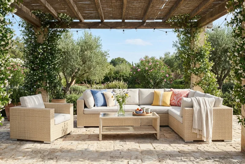 Bahamas utomhus L-soffa höger 7-sits med fåtölj och bord med hylla - Beige - Products - Utemöbler & utemiljö - Loungemöbler - Loungeset & loungegrupp