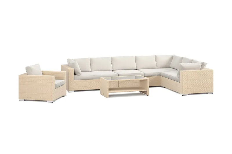 Bahamas utomhus L-soffa vänster 8-sits med fåtölj och bord med hylla, Beige