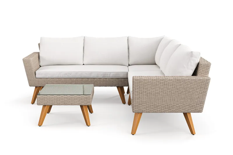 Karlskrona 5-sits Loungegrupp utomhus med vita dynor soffbord i konstrotting med glasskiva - Brun - Products - Utemöbler & utemiljö - Loungemöbler - Loungeset & loungegrupp