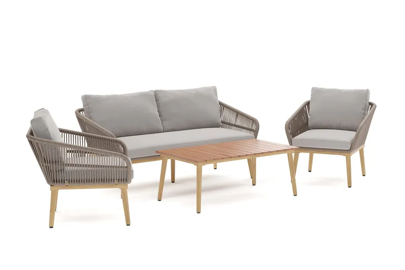 Morrocco 4-sits Soffgrupp utomhus med grå dynor och soffbord med trä utseende - Brun - Products - Utemöbler & utemiljö - Loungemöbler - Loungeset & loungegrupp