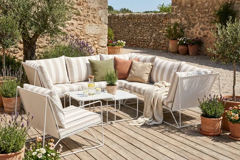 Usteryd utomhus hörnsoffa 6-sits vändbar med fåtölj - Beige/Striped - Products - Utemöbler & utemiljö - Loungemöbler - Loungeset & loungegrupp