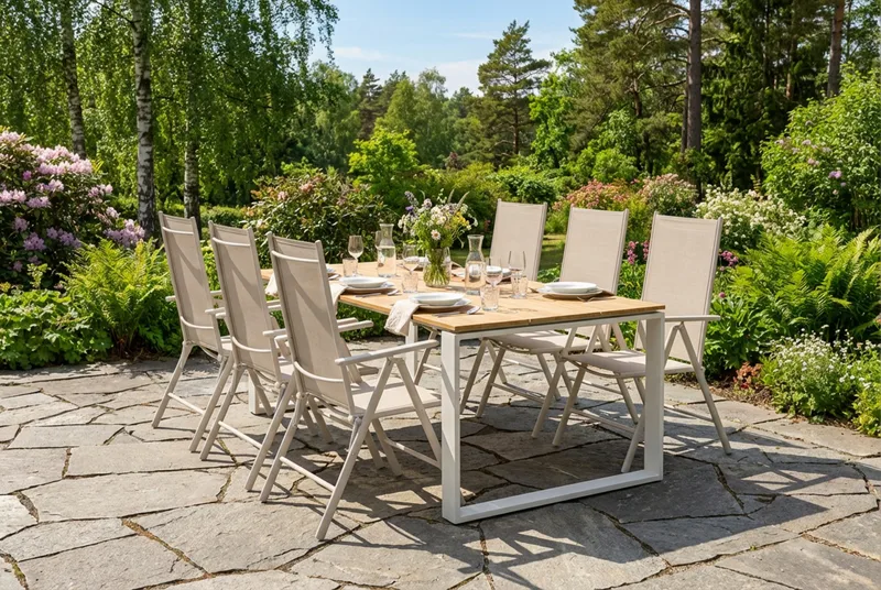 Devon utomhus matgrupp 210x100 cm med 6 Maggie positionsstolar - Beige/Teak - Products - Utemöbler & utemiljö - Utegrupp - Matgrupp utomhus