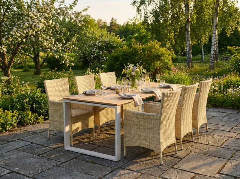 Devon utomhus matgrupp 210x100 cm med 6 Thor fåtöljer - Beige/Teak - Products - Utemöbler & utemiljö - Utegrupp - Matgrupp utomhus