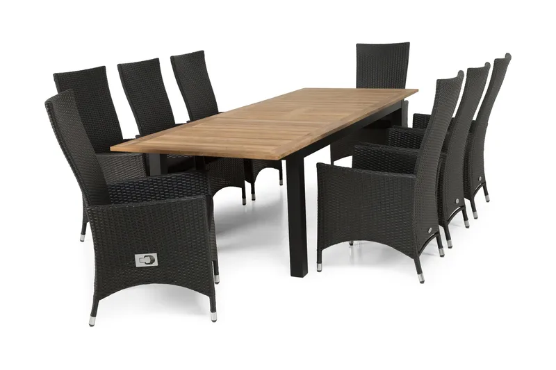 Las Vegas Matgrupp Utomhus 220-280 + 8 Jenny Ställbar Fåtölj, Teak/Svart