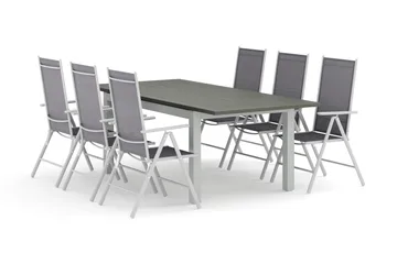Monaco utomhus matgrupp förlängningsbart 150-250x90 med 6 Maggie positionsstolar, Vit/Grå