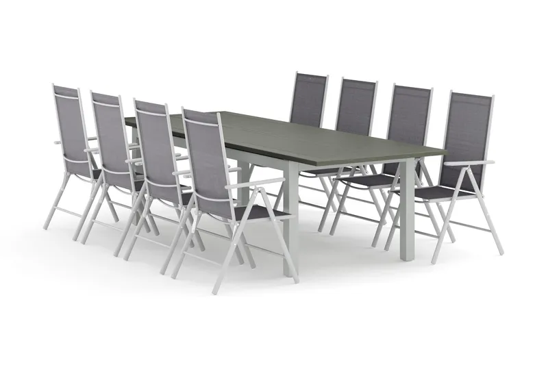 Monaco utomhus matgrupp förlängningsbart 210/310x90 med 8 Maggie positionsstolar, Vit/Grå