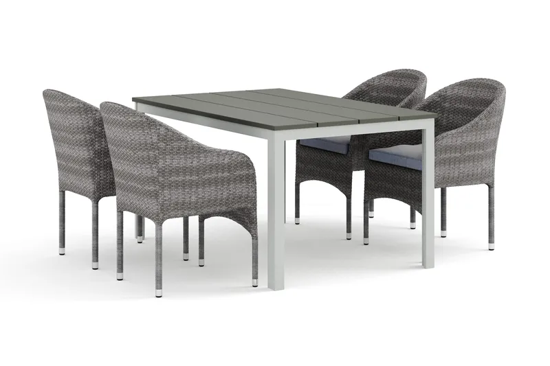 Tunis utomhus matgrupp 140x90 cm med 4 Thor fåtöljer, Vit/Grå