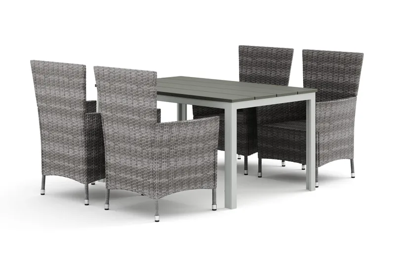 Tunis utomhus matgrupp 140x90 cm med 4 Thor utefåtöljer, Vit/Grå