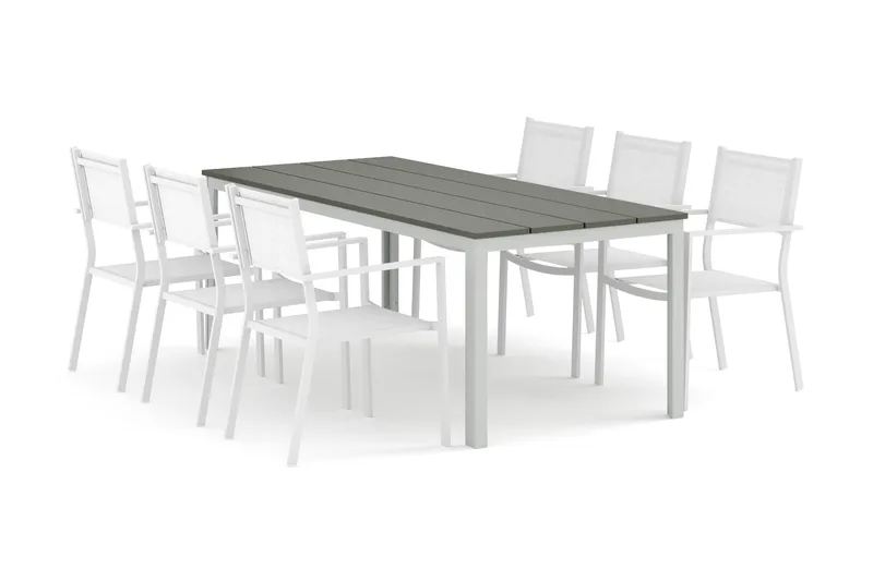 Tunis utomhus matgrupp 205x90 cm med 6 Tunis stapelstolar, Vit/Grå