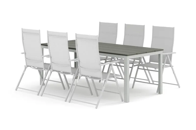Tunis utomhus matgrupp 205x90 cm med 6 positionsstolar, Vit/Grå