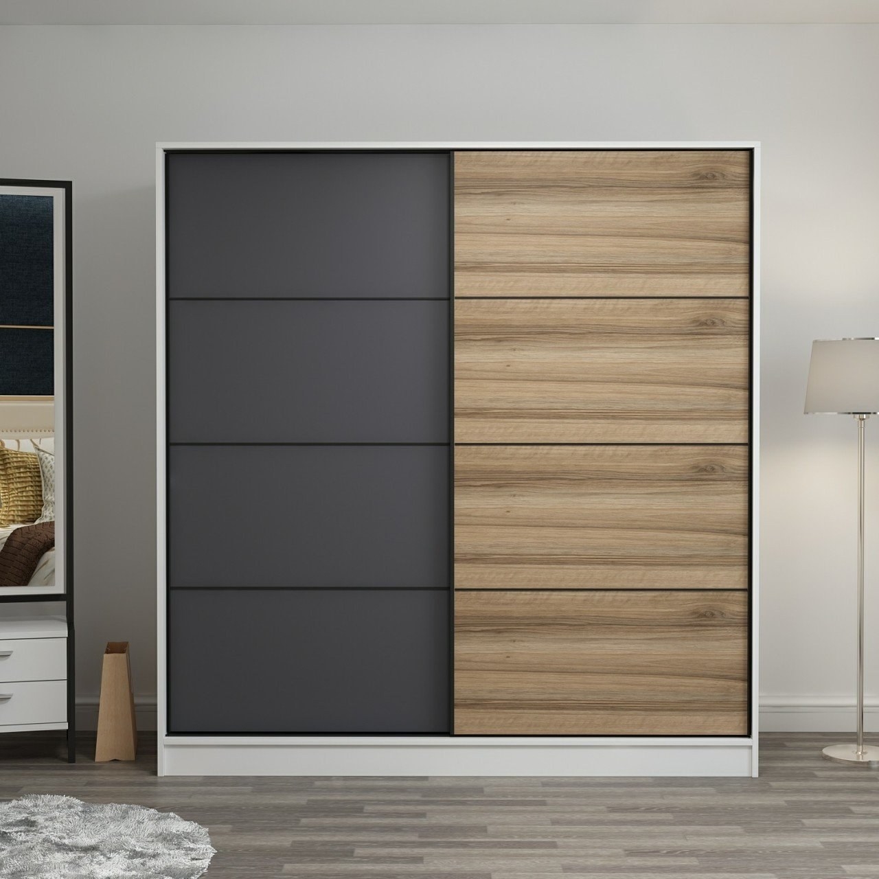 Kapusta Kleiderschrank 220x52x210 cm, Variante B - Wei�/Anthrazit/Braun