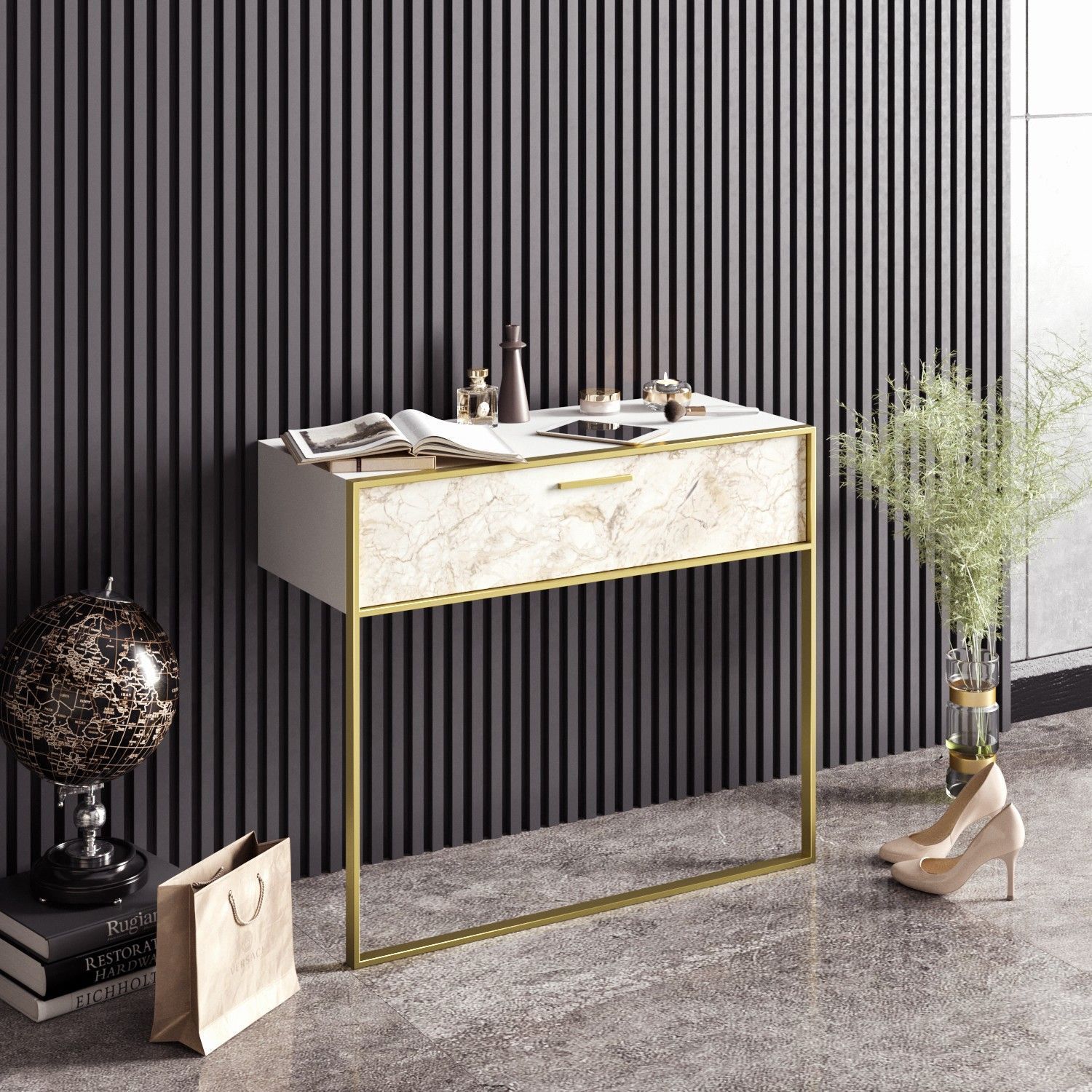 Polka Beistelltisch 90 x 38,5 cm - Gold/Wei�