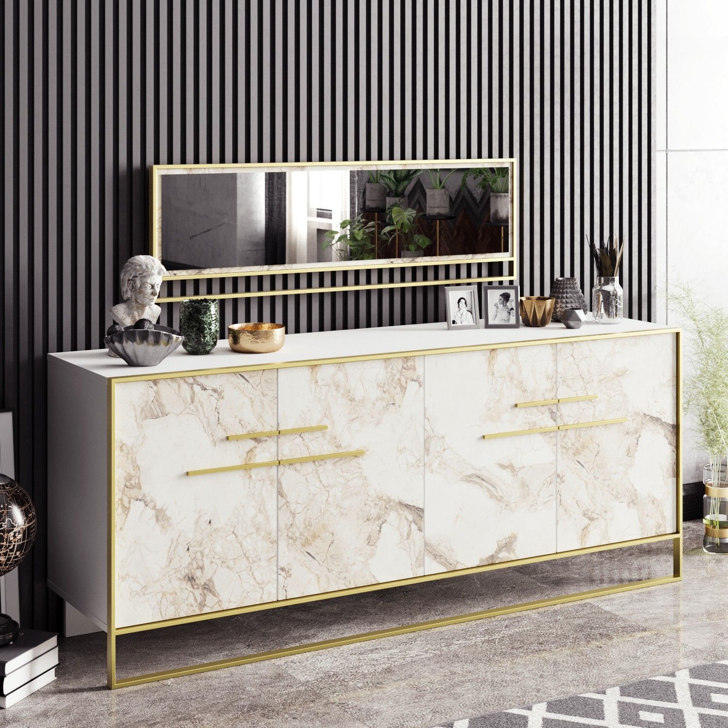 Polka Sideboard mit Spiegel - Gold/Wei�