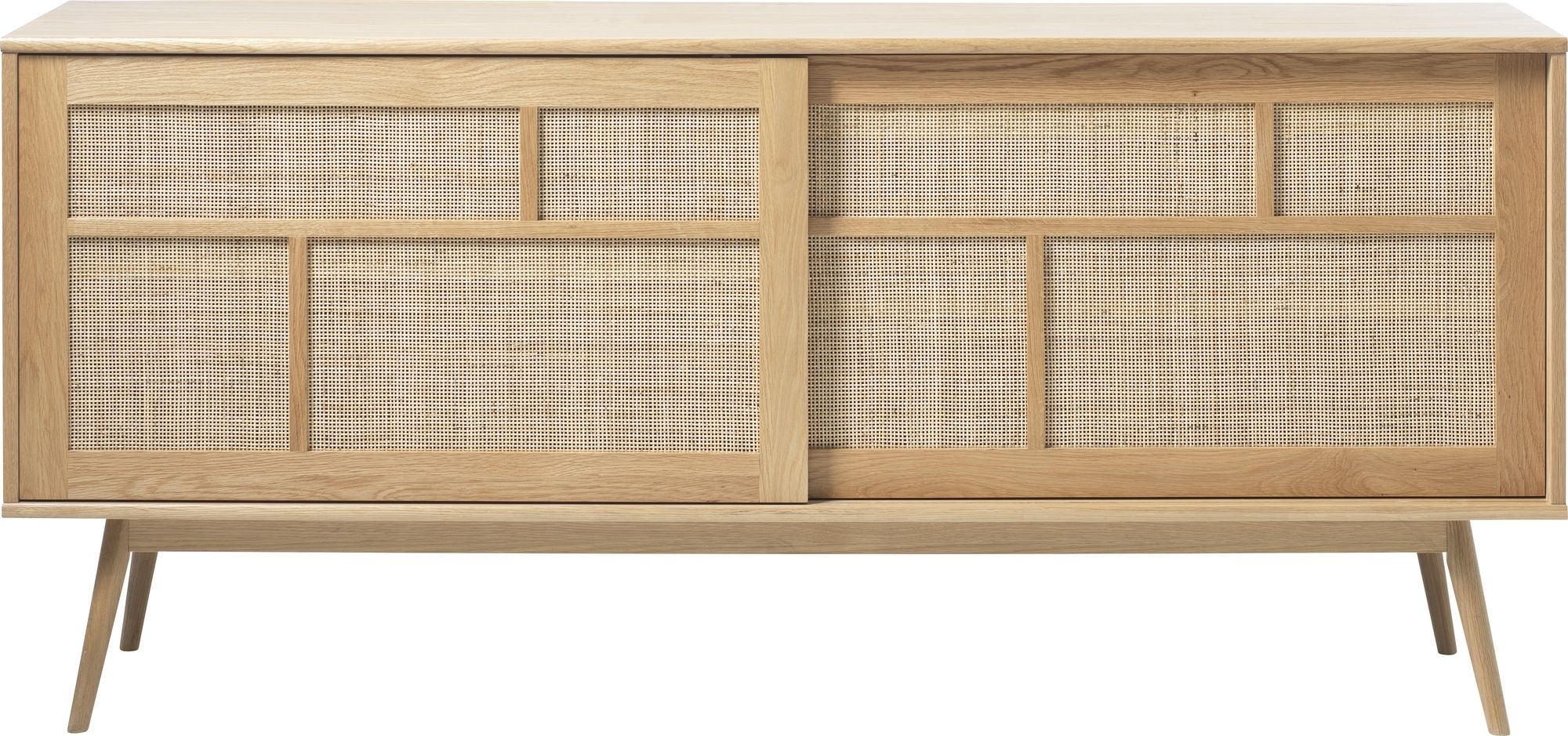 Yuma-Sideboard aus geölter Eiche mit Rattandetails und Schiebetüren Yuma-Sideboard aus geölter Eiche mit Rattandetails und Schiebetüren