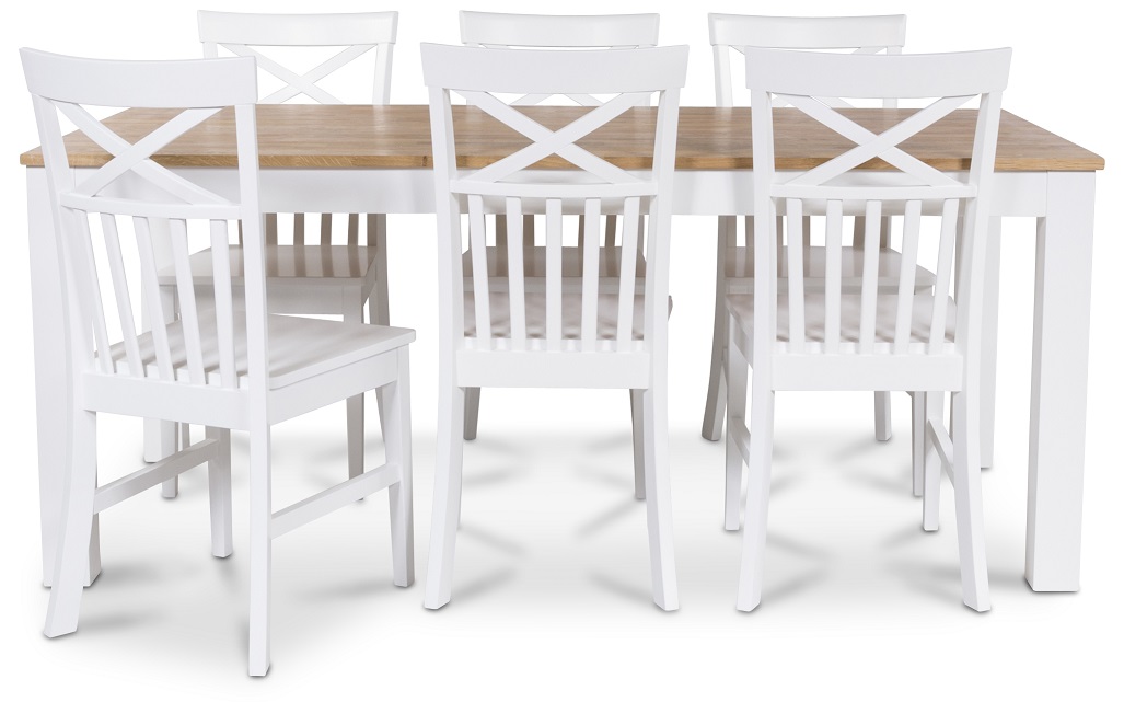 Dalarös Essgruppe 180 cm Tisch weiß/Eiche + 6 Mellby Esszimmerstühle Dalarös Essgruppe 180 cm Tisch weiß/Eiche + 6 Mellby Esszimmerstühle