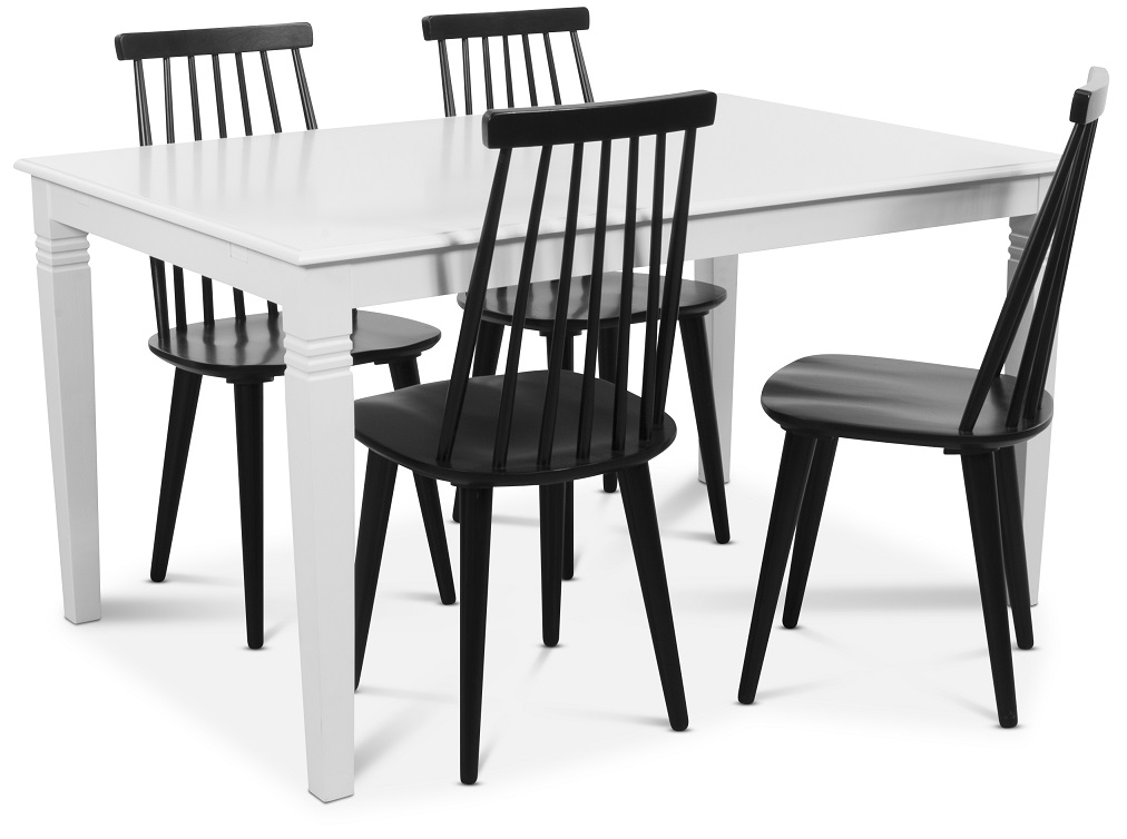 Mellby Essgruppe 140 cm Tisch mit 4 schwarzen Dalsland-Stegst�hlen - Wei� / Schwarz